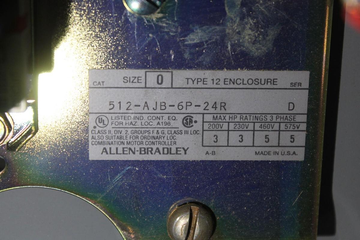 Used ALLEN BRADLEY COMBINATION STARTER 512-AJB-6P-24R TYPE 12 NEMA 0 600V 5 HP