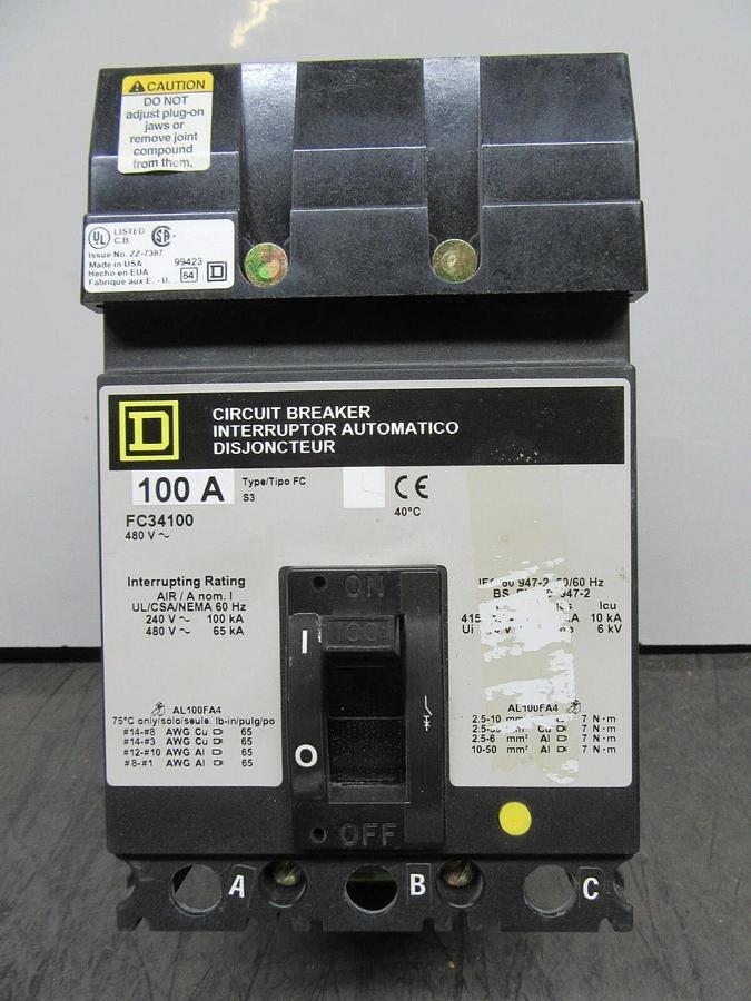 Used SQUARE D I-LINE CIRCUIT BREAKER FC34100 100 AMP 480 VAC 3-POLE **WARRANTY**