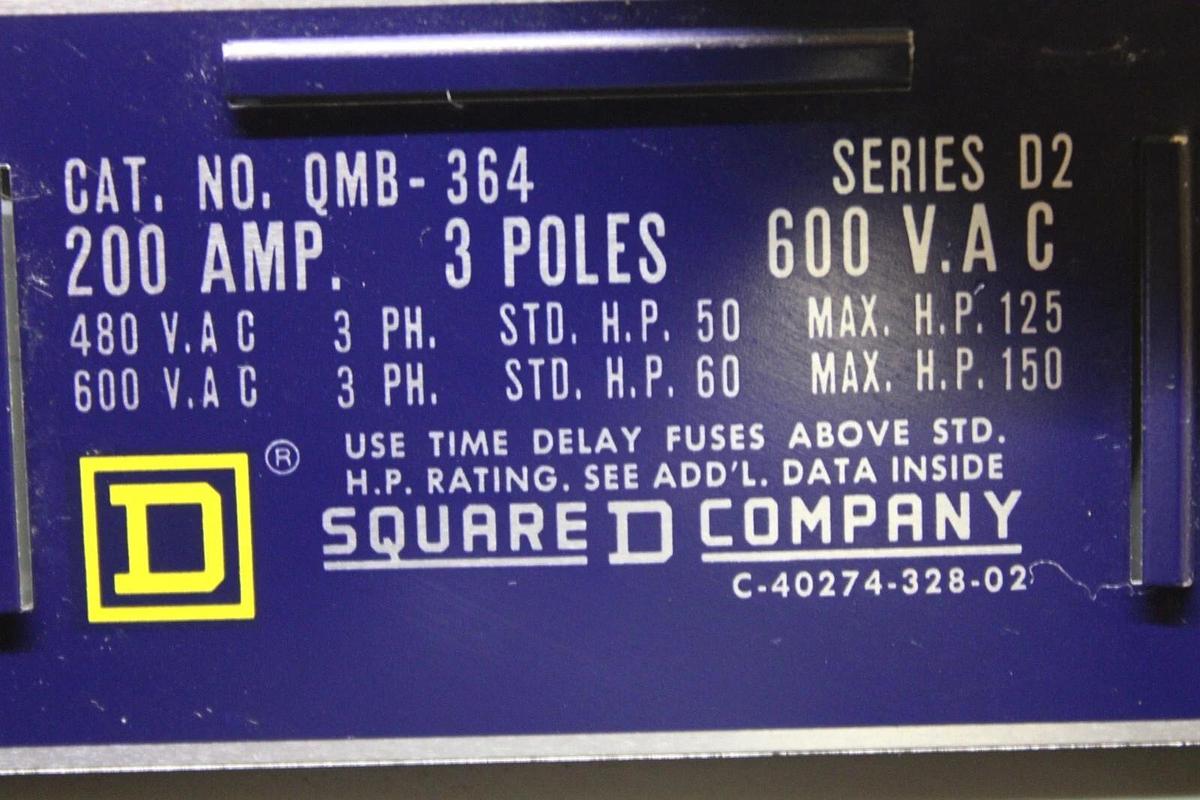 Used SQUARE D QMB DISCONNECT SWITCH QMB-364 200 AMP 600 VAC 150 HP 3-PHASE