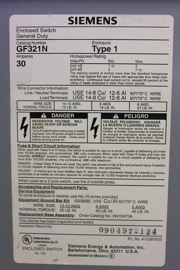 Used SIEMENS HEAVY DUTY ENCLOSED SWITCH GF321N 30 AMP 240 VAC TYPE 1 **WARRANTY**