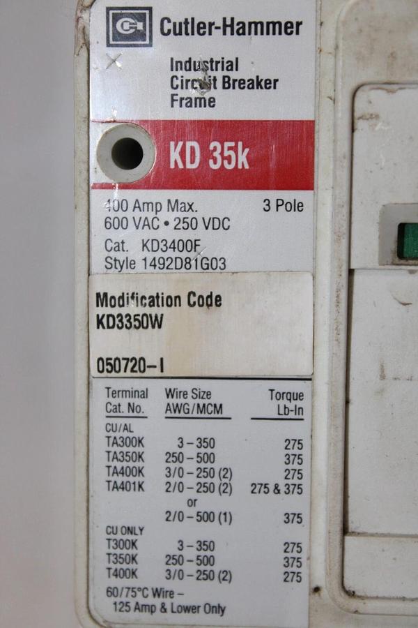 Used CUTLER HAMMER CIRCUIT BREAKER KD3400F 350 AMP TRIP 600 VAC 3-POLE KD3350W