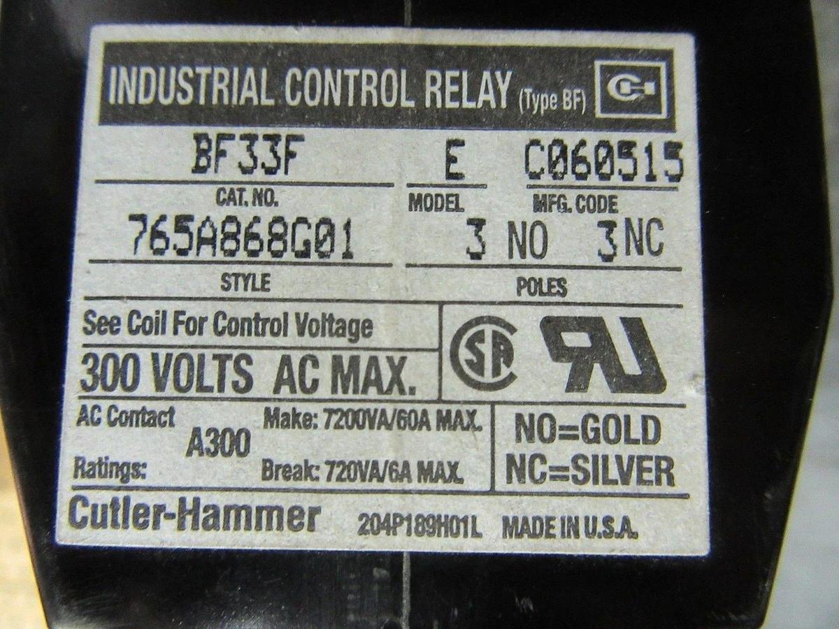 Used CUTLER-HAMMER INDUSTRIAL CONTROL RELAY BF33F MODEL E 300V 60 AMP 3-POLE