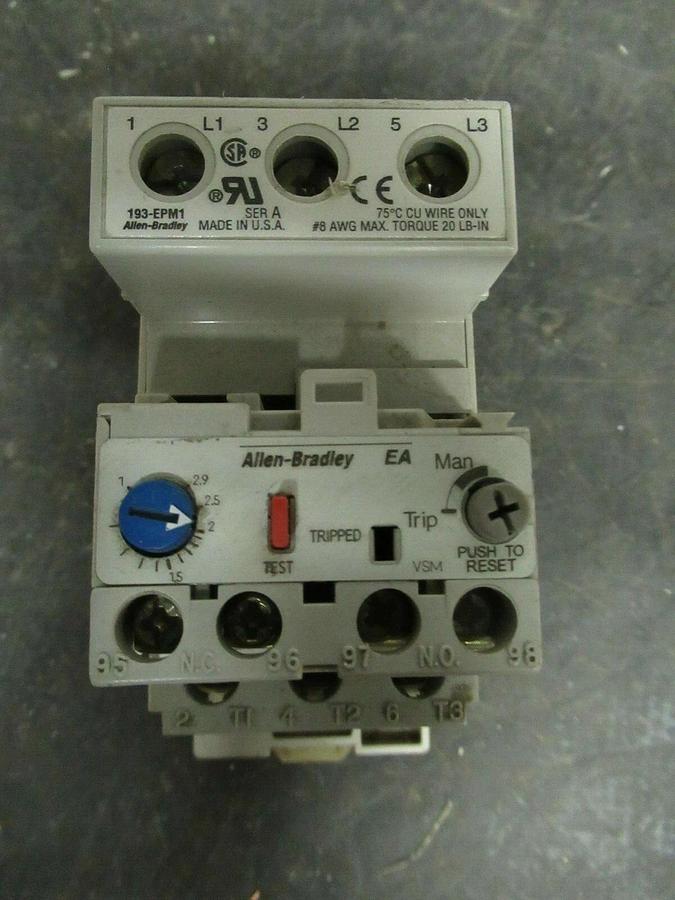 Used 2.9 AMP ALLEN BRADLEY OVERLOAD RELAY 193-EA1DB SER. A 600 VAC 3 POLE