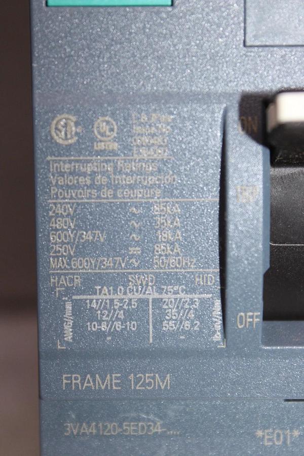 NIB SIEMENS CIRCUIT BREAKER 3VA4120-5ED34-0AA0 20 AMP 600 VOLT 3-POLE 125M FRAME
