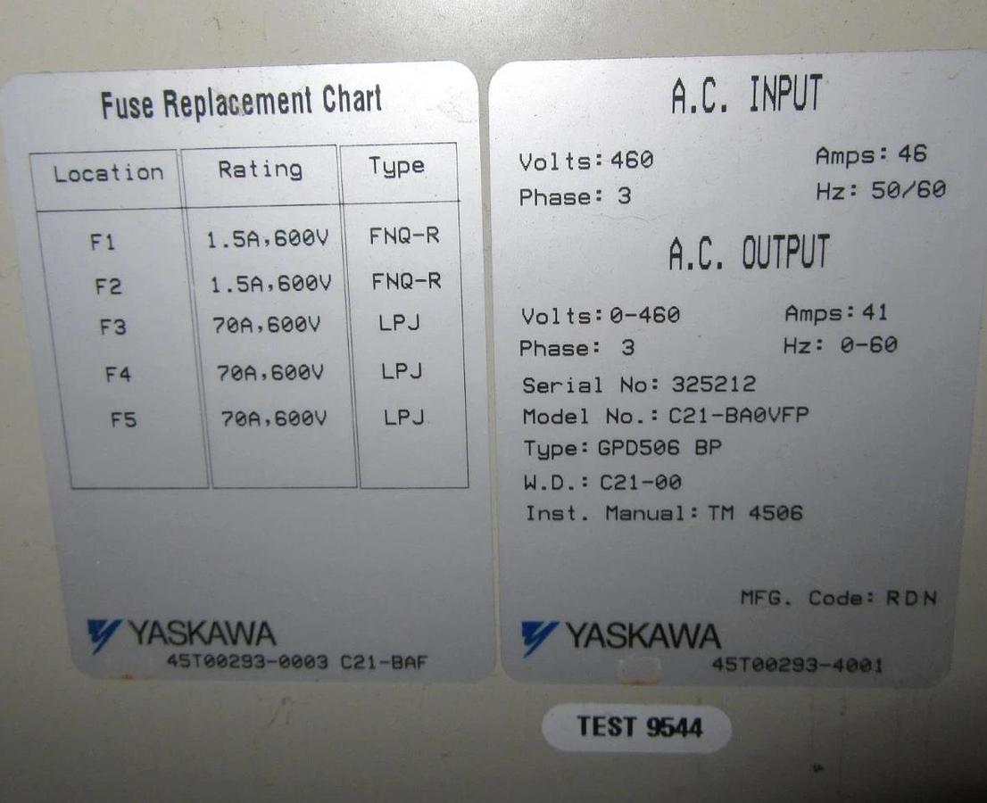 Used YASKAWA VARIABLE SPEED DRIVE C21-BA0VFP 460 VOLT 46 AMP 3-PHASE GPD506-BP