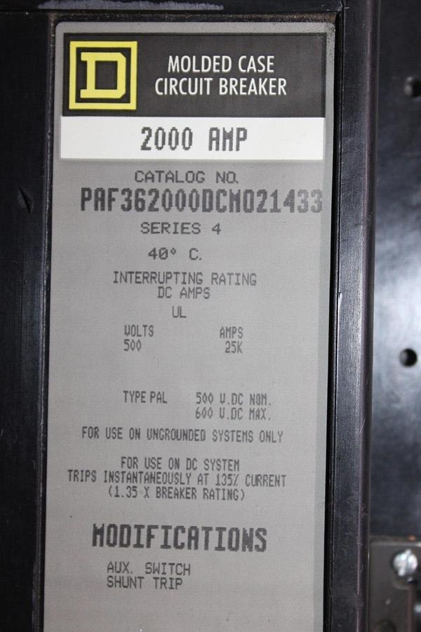 Used SQUARE D DC CIRCUIT BREAKER PAF362000DCM021433 W/ AUX. SWITCH & SHUNT TRIP