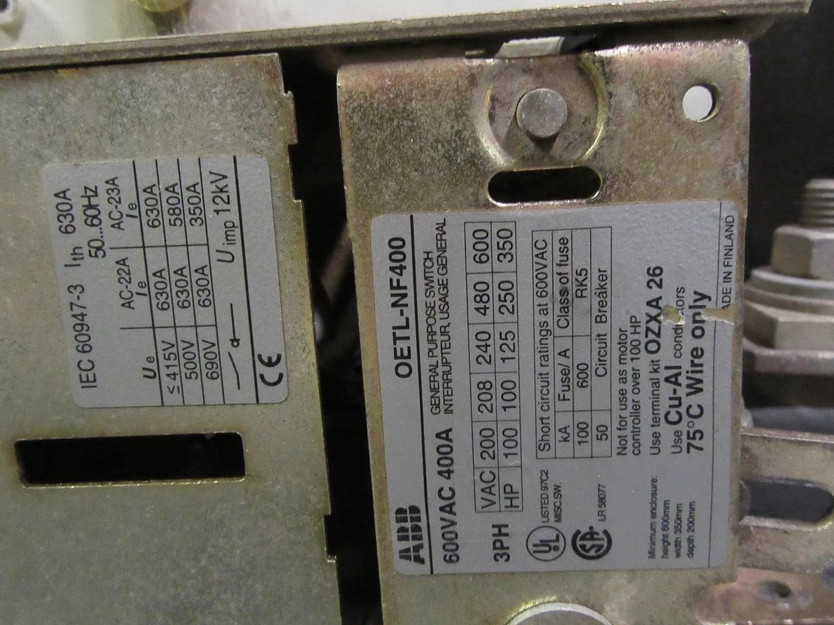 Used ABB GENERAL PURPOSE SWITCH 400 AMP 600 VAC 3 PHASE MODEL: OETL-NF400