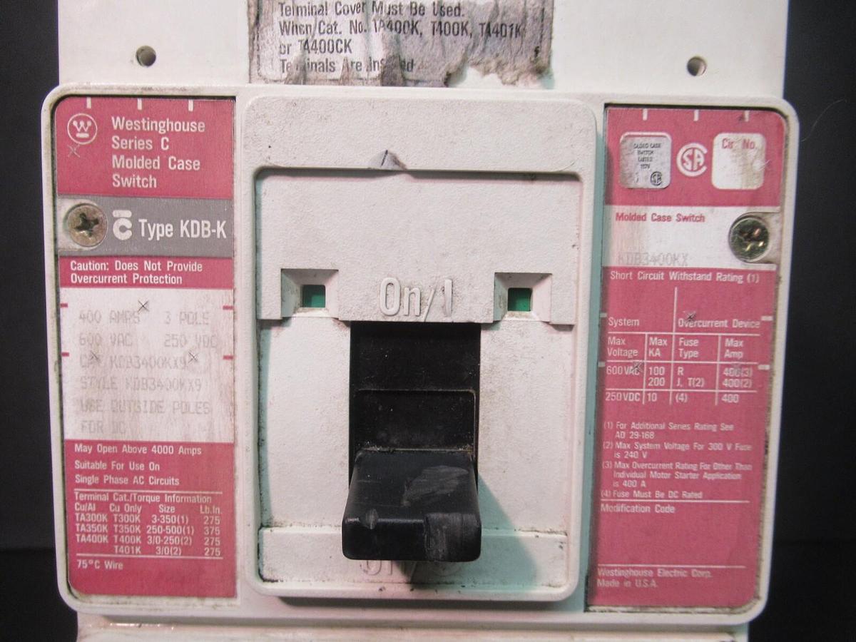 Used WESTINGHOUSE MOLDED CASE SWITCH KDB3400KX9 400 AMP 600 VAC 3-POLE KDB-K