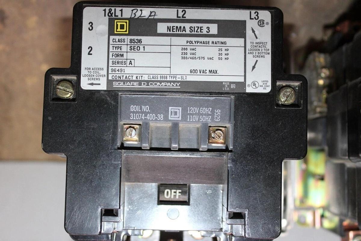 Used SQUARE D REVERSING CONTACTOR 8536SEO1 SIZE 3 90 AMP 600 VAC 8502SEO1 600V