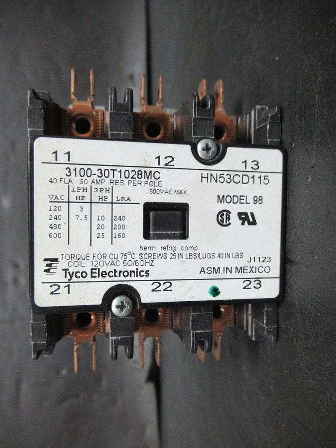 Used TYCO CONTACTOR 3100-30T1028MC HN53CD115 600 VAC 40 AMP 25 HP COIL: 120 VOLT