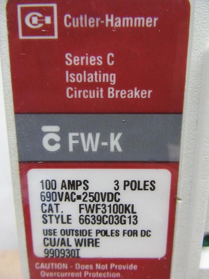 Used CUTLER HAMMER CIRUIT BREAKER FWF3100KL 100 AMP 3-POLE 600 VAC **WARRANTY**