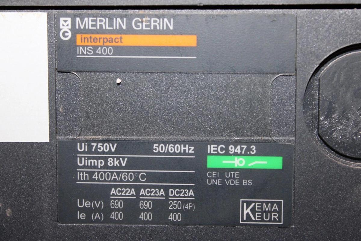 Used MERLIN GERIN INTERPACT MOLDED CASE SWITCH INS400 400 AMP 750 VOLT 3-POLE