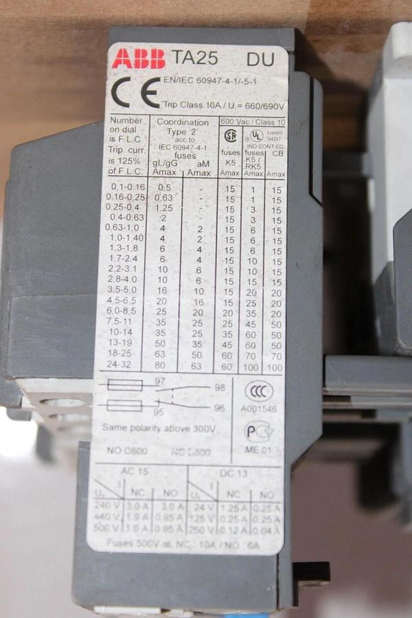 Used ABB DUAL STARTER A9-30-01 21 AMP 600 VAC 7.5 HP COIL: 230V W/ TA25-DU OVERLOAD