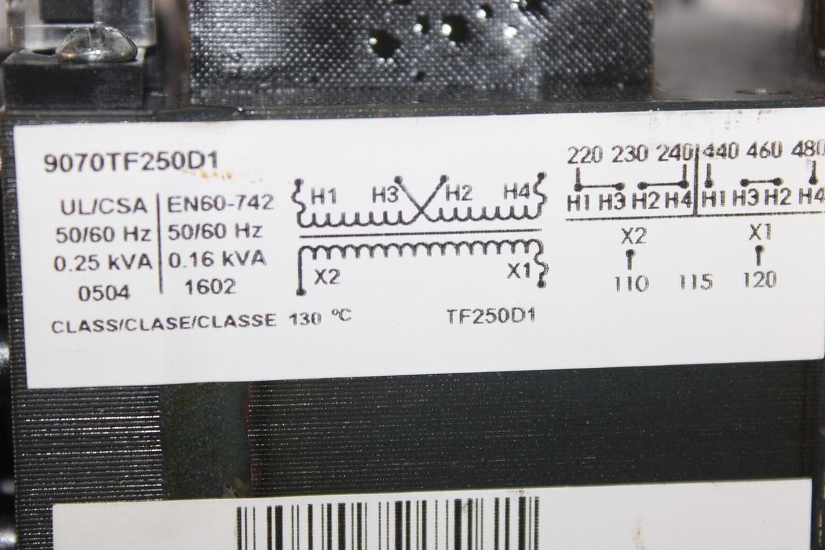 Used SQUARE D TRANSFORMER 9070TF250D1 0.25 KVA HIGH: 240/480 VOLT LOW: 120 VOLT
