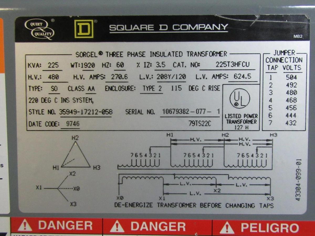 Used SQUARE D TRANSFORMER 225T3HFCU 225 KVA 3-PHASE PRI: 480 VOLT SEC: 208Y/120 VOLT