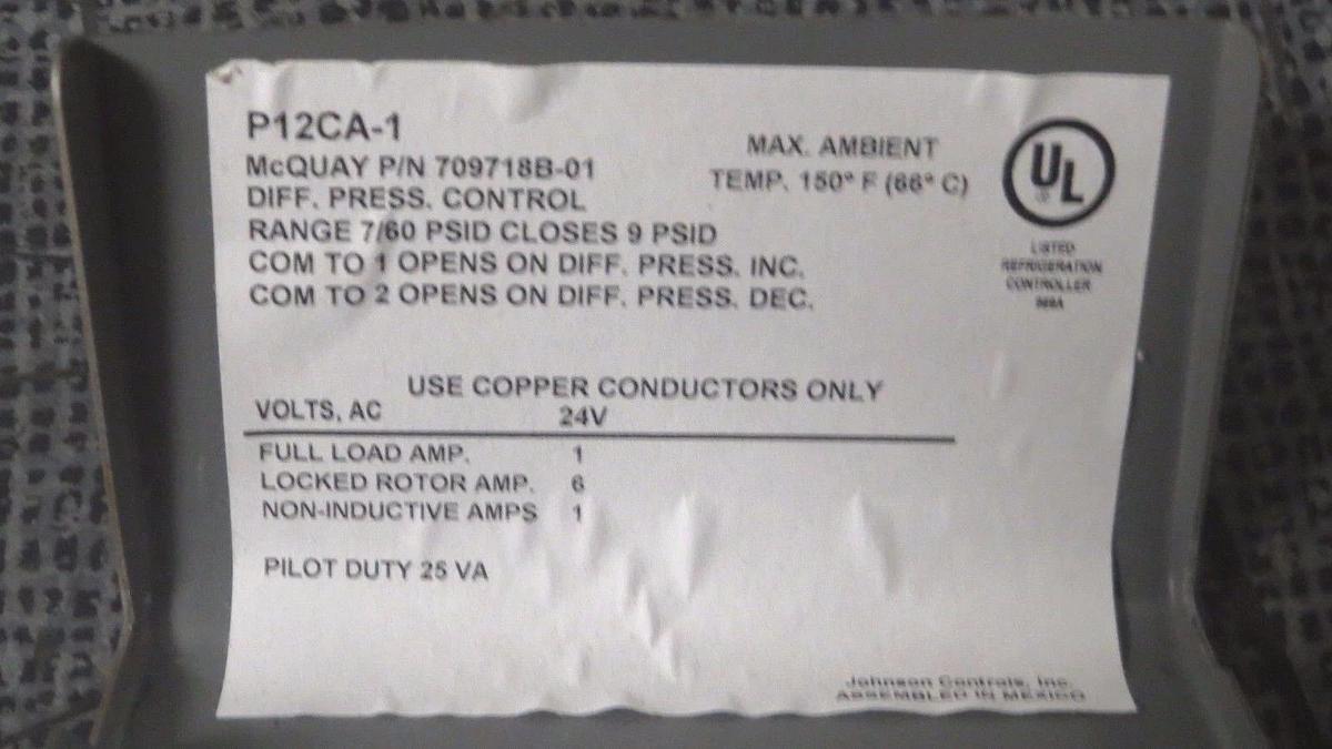 Used JOHNSON CONTROLS PENN LUBRICATION PROTECTION 7/60 PSID P12CA-1 24 VAC 1 AMP