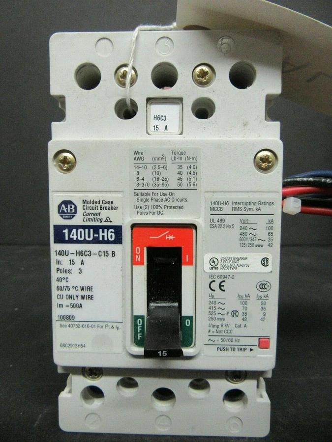 Used 15 AMP ALLEN BRADLEY BREAKER 140U-H6C3-C15 3 POLE 480 VAC **WARRANTY INCLUDED**