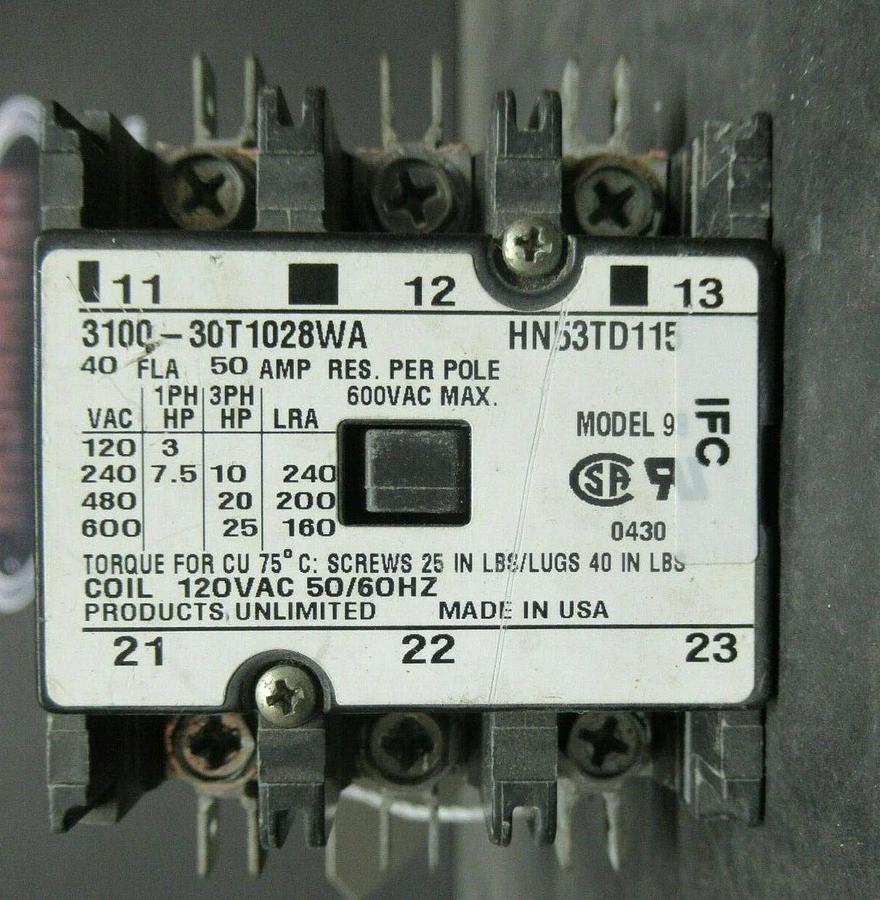 Used PRODUCTS UNLIMITED 3100-30T1028WA / HN53TD115 40 AMP 600 VAC 25 HP **WARRANTY!**