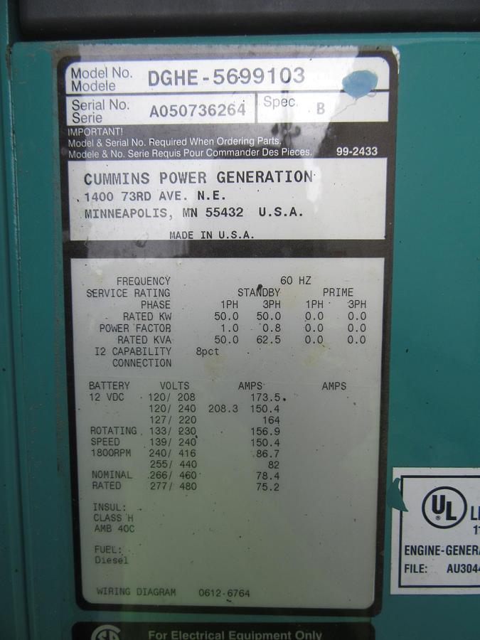 Used 50 KW DIESEL GENERATOR CUMMINS 120/240V B3.3 G2 RECONNECTABLE VIDEO ENCLOSED