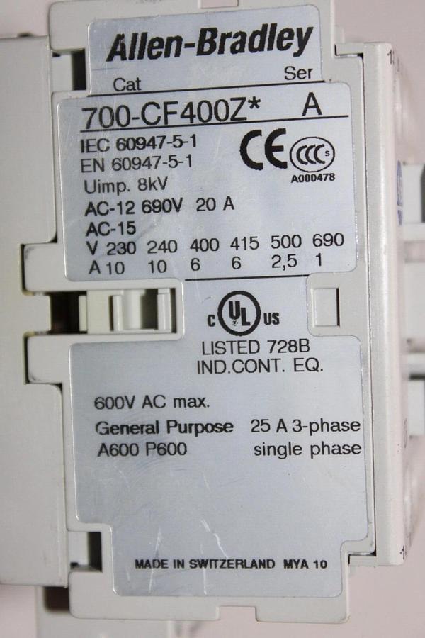 Used ALLEN BRADLEY CONTACTOR 700-CF400Z* 600 VAC 25 AMP 3-POLE COIL: 24 VDC