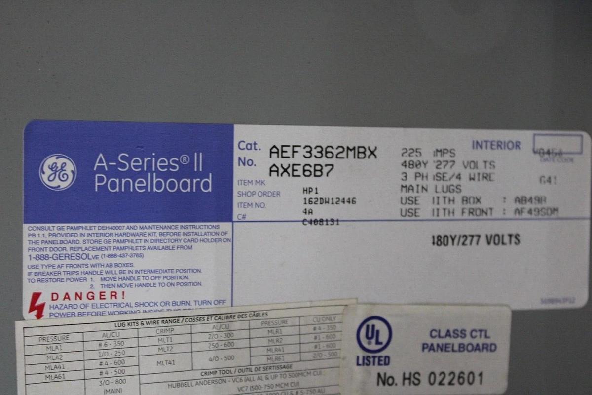 Used GENERAL ELECTRIC SERVICE PANELBOARD AB49B 225 AMP 208Y/120V 3-PHASE NEMA 1