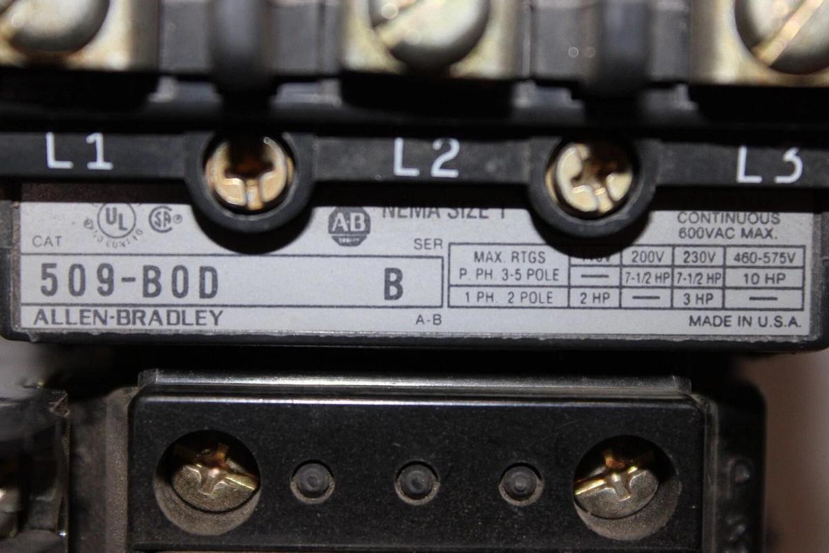 Used ALLEN BRADLEY STARTER 509-B0D SER. B SIZE 1 27 AMP 3-PHASE 600 VOLT COIL: 120V