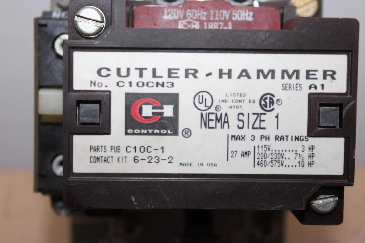Used CUTLER HAMMER CONTACTOR C10CN3 27 AMP 600 VAC 10 HP 3-PHASE NEMA 1 COIL: 120V