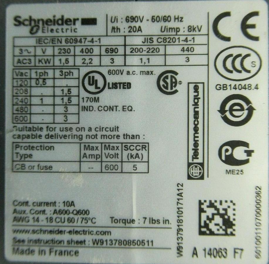 Used SCHNEIDER ELECTRIC MINI CONTACTOR LC1K0601F7 10 AMP 600 VAC 3 HP **WARRANTY**