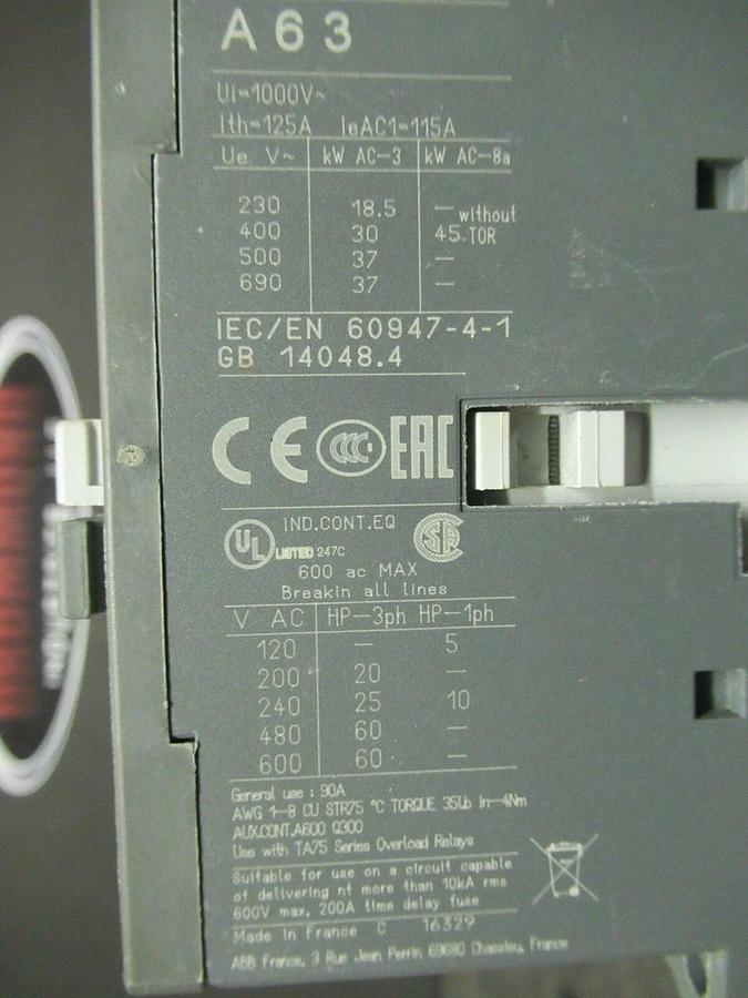 Used 90 AMP ABB A63-30 CONTACTOR 3 PHASE 600 VAC 60 HP **WARRANTY INCLUDED**