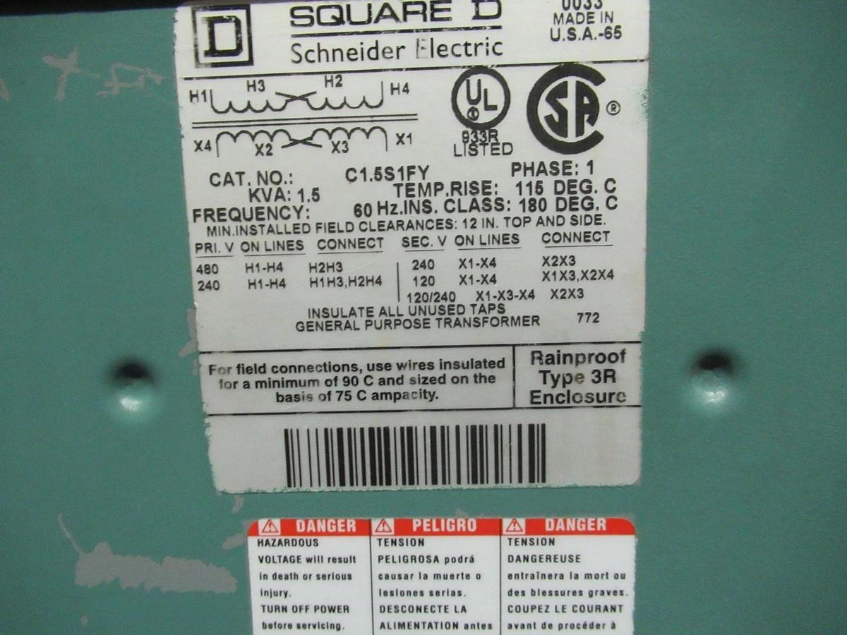 Used SQUARE D TRANSFORMER C1.5S1FY KVA: 1.5 240X480 VAC 120/240 V *WARRANTY INCLUDED*