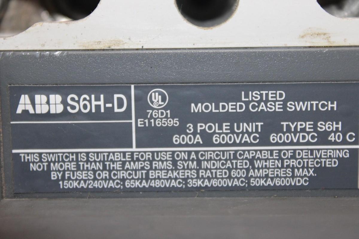 Used ABB MOLDED CASE SWITCH S6H-D 600 AMP 600 VAC 3-POLE S6H **WARRANTY**