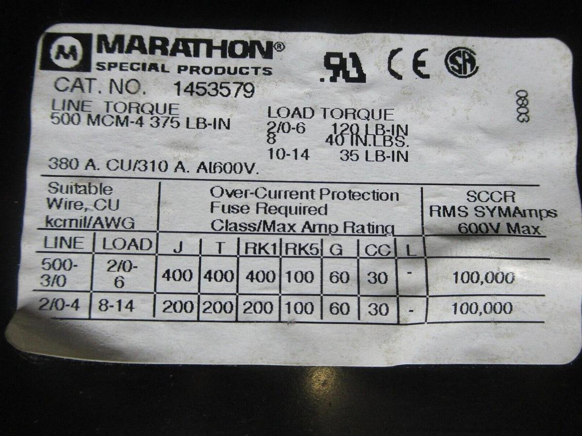 Used MARATHON POWER DISTRIBUTION BLOCK 1453579 380 AMP 600 VOLT **WARRANTY**