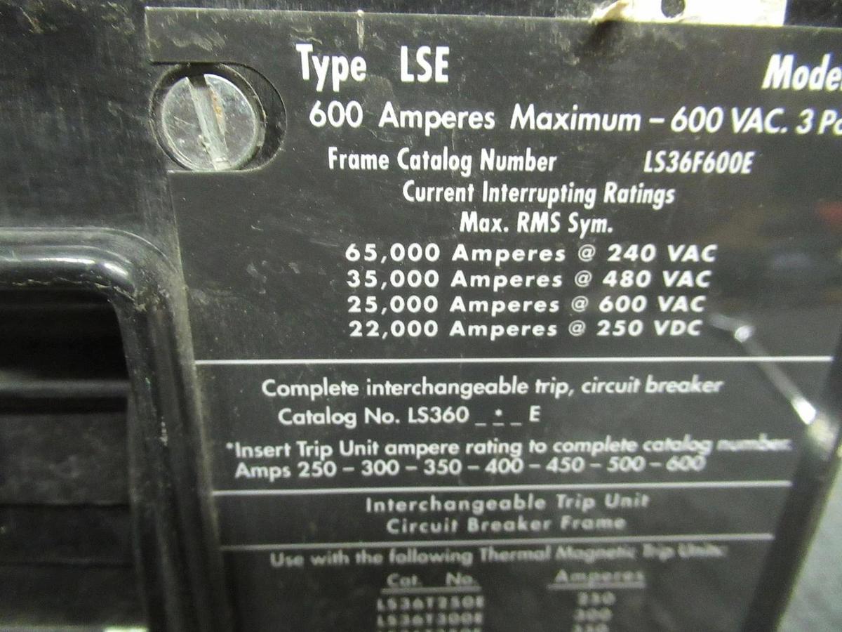 Used CUTLER HAMMER BREAKER LS36F600E 600A 3 POLE 600VAC W/ LUGS AND SHUNT TRIP
