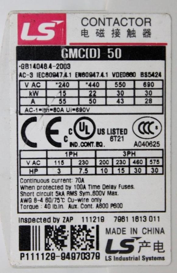 Used LS MEC CONTACTOR GMC-50 70 AMP 600 VAC 30 HP COIL: 110 VOLT **WARRANTY**