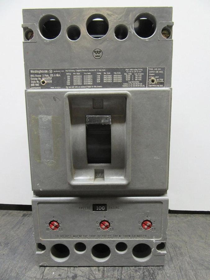 Used WESTINGHOUSE 3-POLE CIRCUIT BREAKER HKA3225F 225 AMP FRAME 100 AMP TRIP 600 VAC