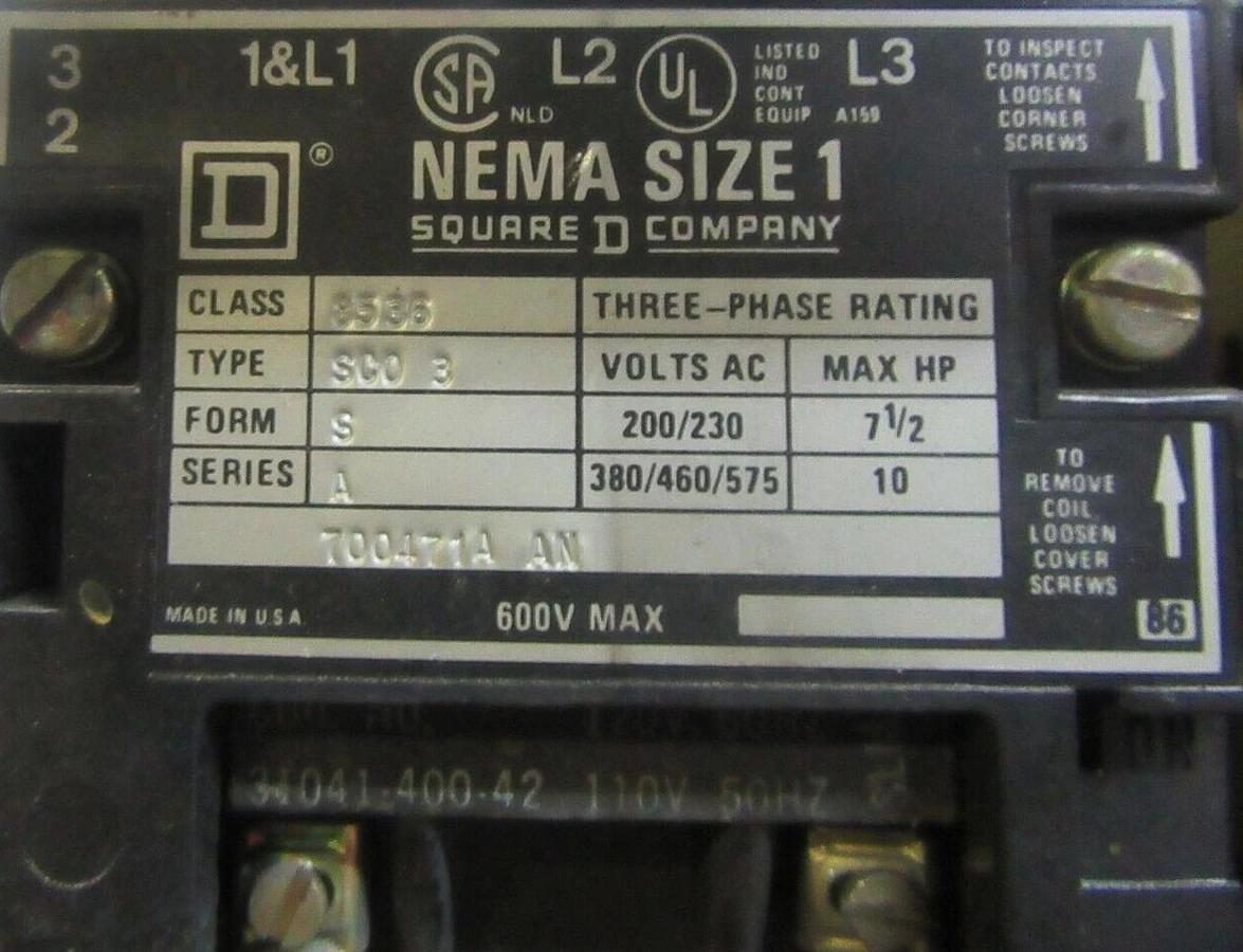 Used SQUARE D MCC FUSIBLE STARTER BUCKET 12" MODEL: 4 NEMA 1 W/8536-SCO3 *NO DOOR*