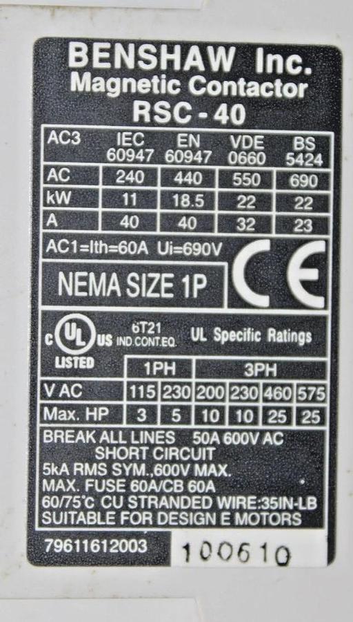 Used BENSHAW CONTACTOR RSC-40 50 AMP 600 VAC 3-POLE 25 HP NEMA 1P COIL: 120V