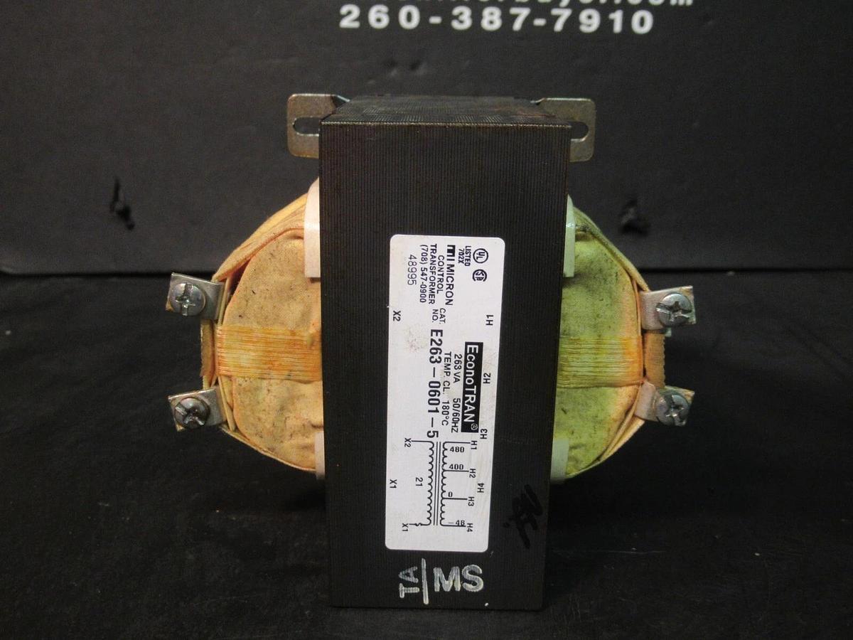 Used 0.263 KVA (263 VA) MICRON CONTROL TRANSFORMER 480/400/48 V TO 21 VAC E263-0601-5