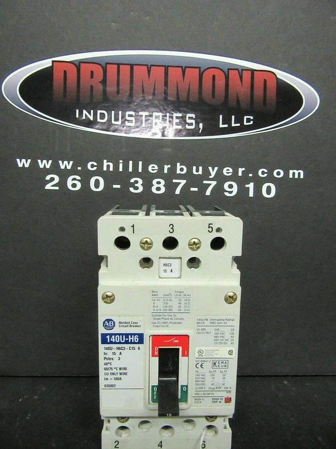 Used 15 AMP ALLEN BRADLEY 140U-H6 BREAKER 140U-H6C3-C15 3 POLE 480 VAC **WARRANTY**
