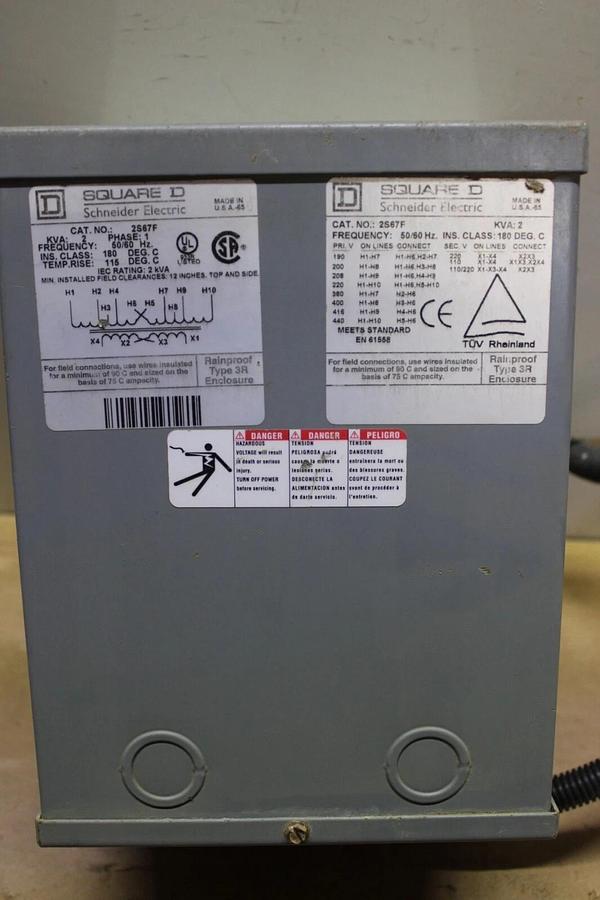 Used SQUARE D SINGLE PHASE TRANSFORMER 2S67F 2 KVA PRI: 480C SEC: 240V 3R ENCLOSURE