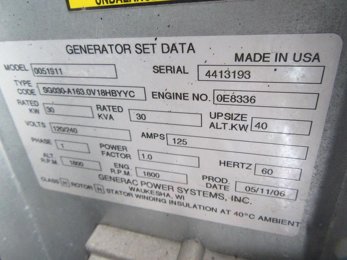 Used 30 KW GENERATOR GENERAC NATURAL GAS LP PROPANE 120/240V 1 PH SG030 399 HRS VIDEO