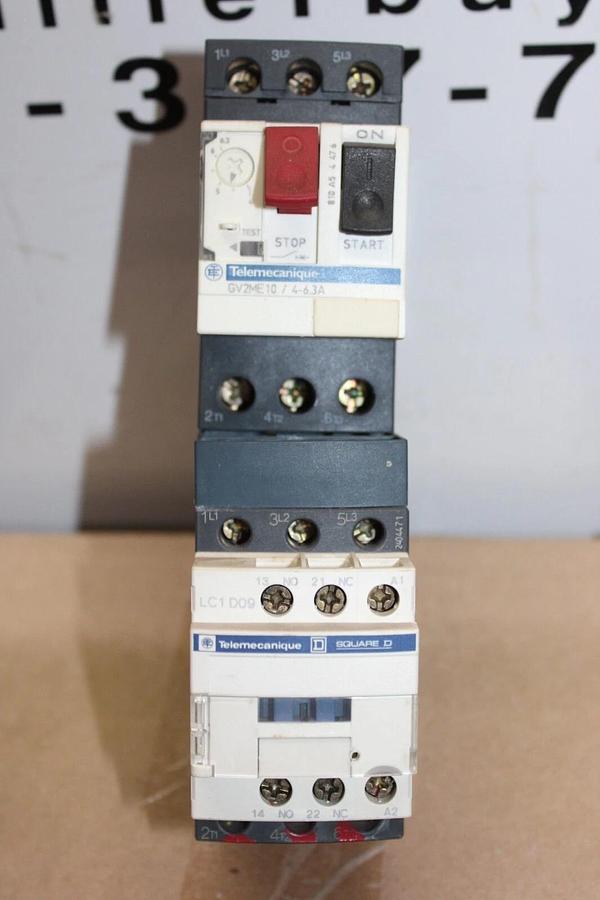 Used TELEMECANIQUE MANUAL MOTOR STARTER LC1D09 W/ GV2ME10/4.3-6A 600V 7.5HP 25A