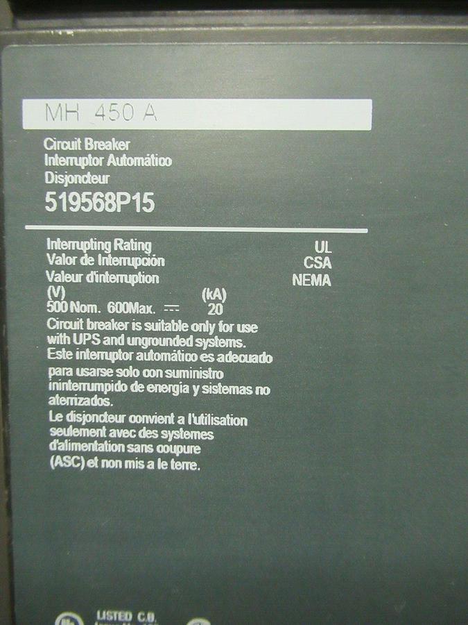 Used 450 AMP SQUARE D BREAKER 519568P15 600 VDC 3 POLE W/ AUXILIARY SWITCH & UVR