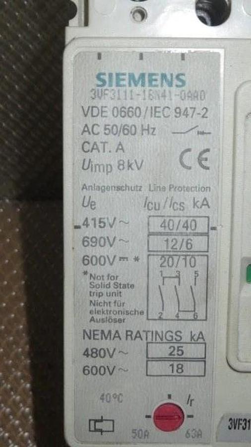 Used SIEMENS BREAKER 50-63 AMP 600 VAC 3 POLE MODEL 3VF3111-1BN41-OAB1 **WARRANTY**