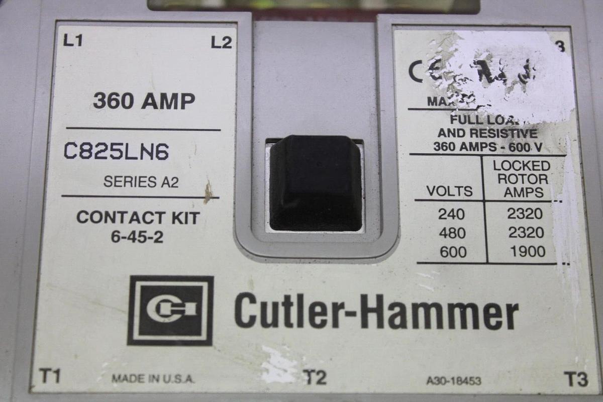 Used CUTLER HAMMER CONTACTOR C825LN6 360 AMP 600 VOLT 3-POLE 3-PHASE COIL: 120 VOLT