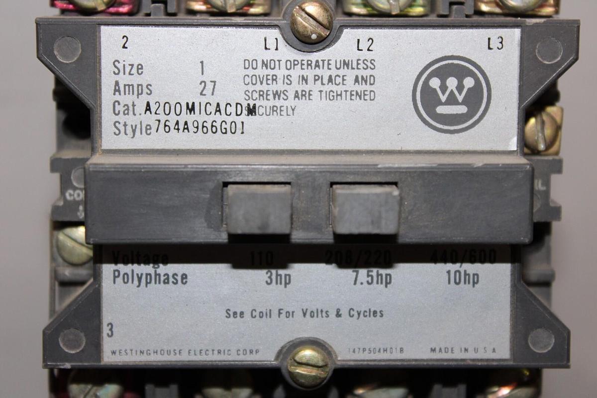 Used WESTINGHOUSE NEMA STARTER A200MICACDM NEMA 1 27 AMP 600 VAC 3-PHASE 10 HP