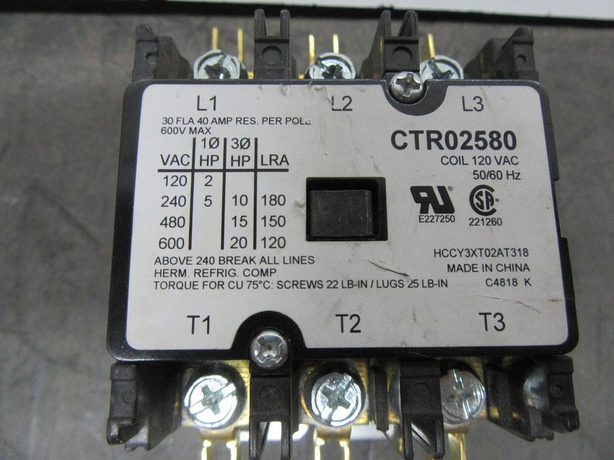 Used TRANE CONTACTOR CTR02580 30 AMP 600 VAC 3-PHASE 20 HP COIL: 120 VOLT