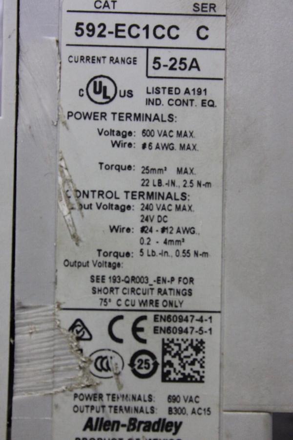 Used ALLEN BRADLEY DEVICENET OVERLOAD RELAY 592-EC1CC 193-ECPM2 5-25A 600V