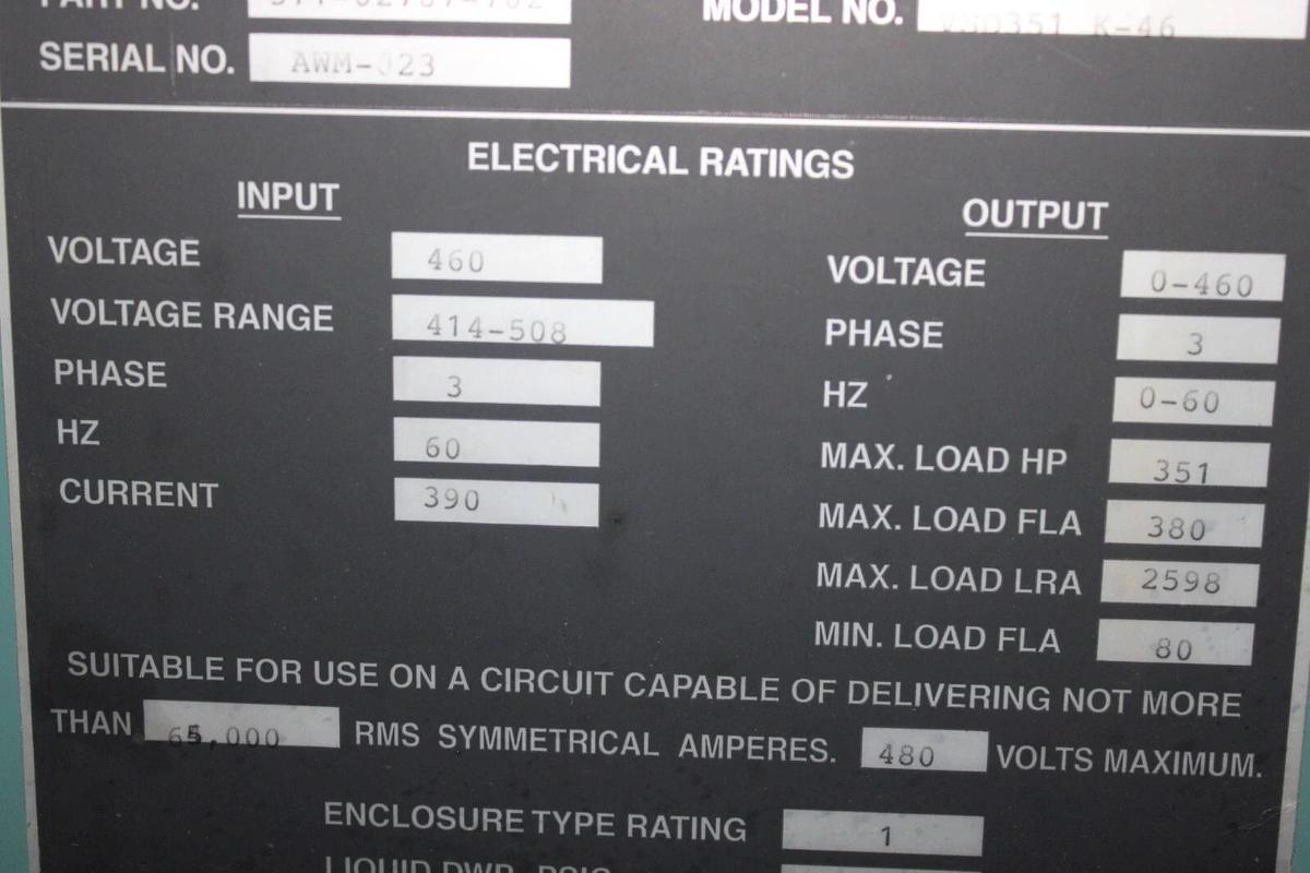 Used YORK CHILLER OPTISPEED VSD VSD351-K-46 W/ 371-04118-111 CONTROL PANEL