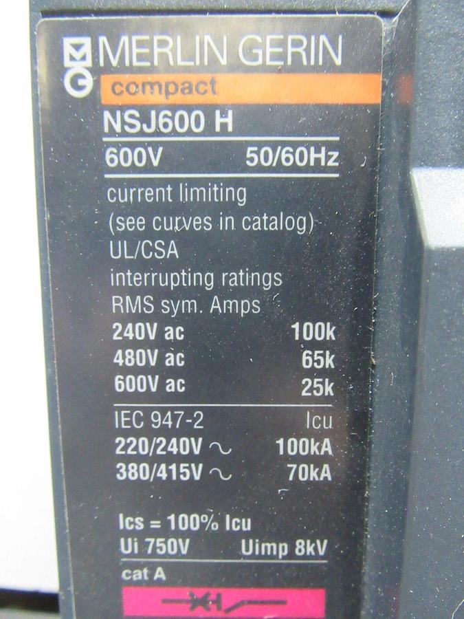 Used MERLIN GERIN COMPACT CIRCUIT BREAKER NSJ600H 240/600 AMP 600 VOLT 3-POLE 3-PHASE